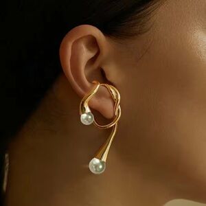 Anthropologie Gold-Tone Twisted Pearl Drop Ear Cuff